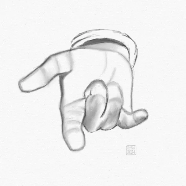 Digital pencil sketch of a hand, palm up with two middle fingers curled inwards