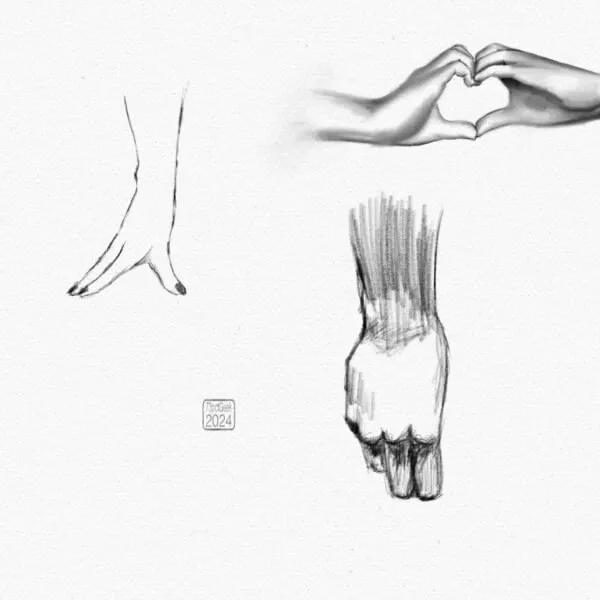 Digital pencil sketches of three different hand poses