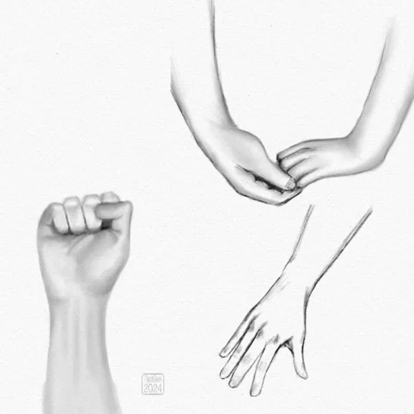 Digital pencil sketch of three different hand poses