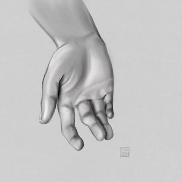 Digital pencil sketch of a hand, palm facing outwards and down, fingers relaxed and slightly curling upwards