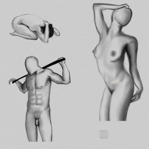Digital pencil sketches of three different figure poses
