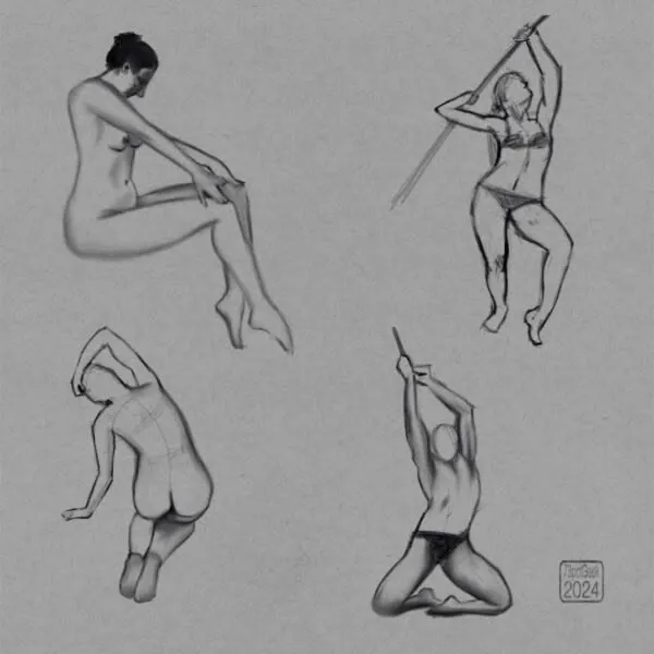 Digital pencil sketches of four different nude/almost nude figure poses