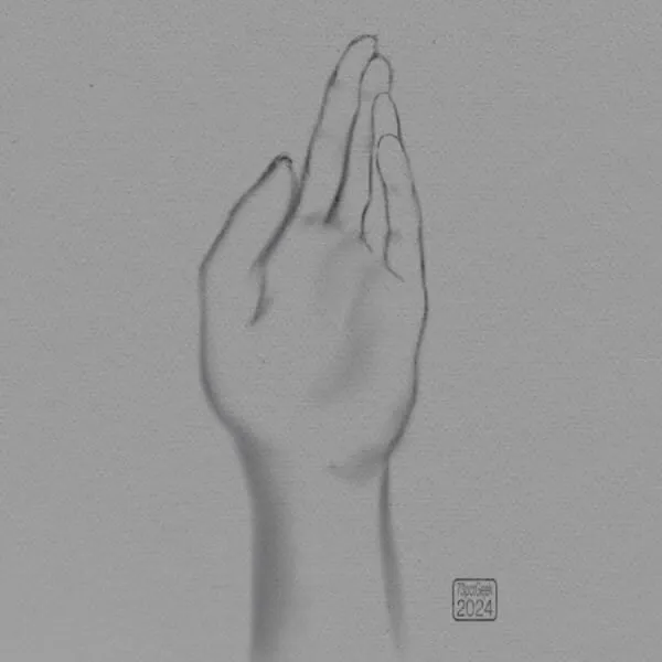 Digital sketch of a hand, palm facing towards viewer