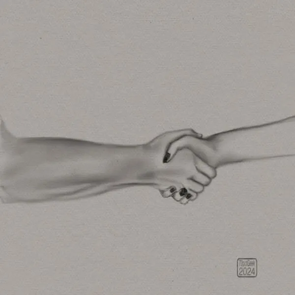 Digital pencil sketch of two hands clasped in a handshake