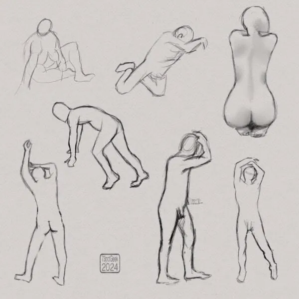 Digital pencil gesture sketches of seven different nude bodies in various poses