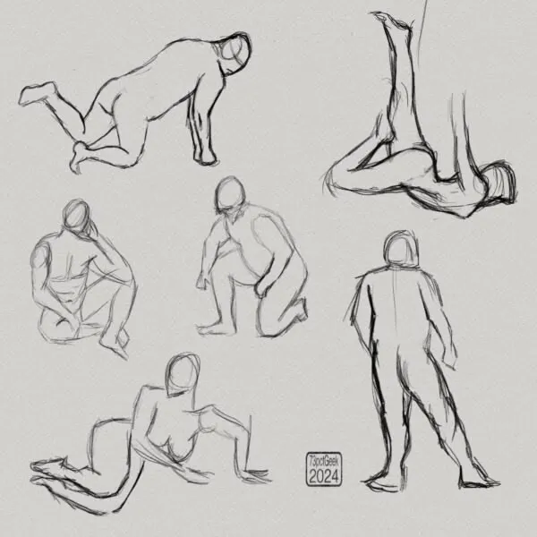 Digital pencil sketch, 2 min gesture drawings of 6 different nude figures in various poses.