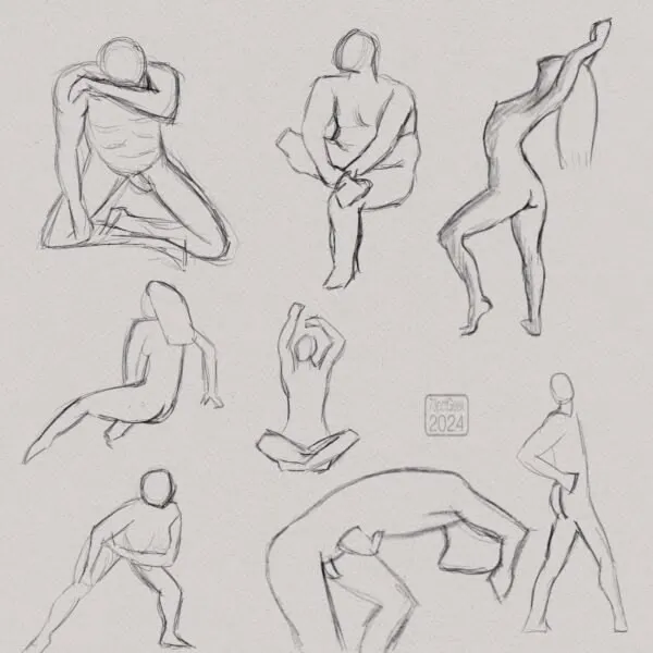 Digital pencil sketch of eight 2 minute gesture drawings of nude figures in various poses