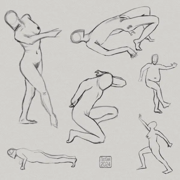 Digital gesture sketches of six nude figures in various poses