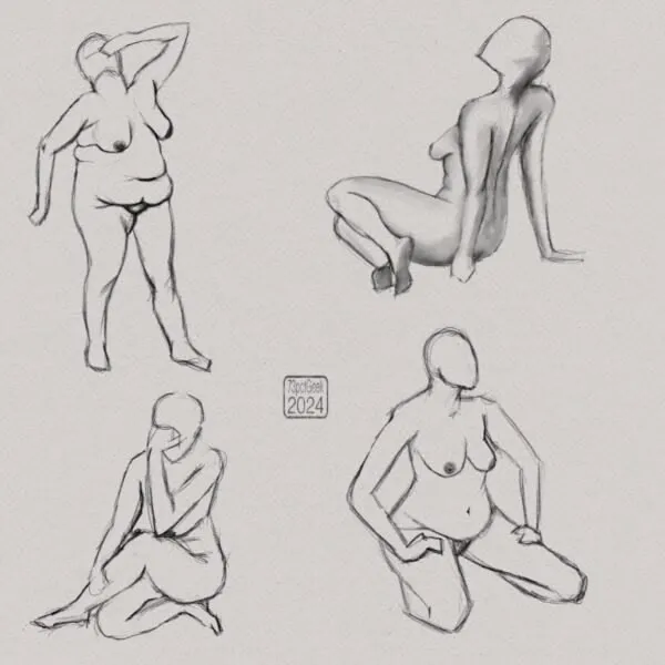 Four digital pencil sketches of female nude figures