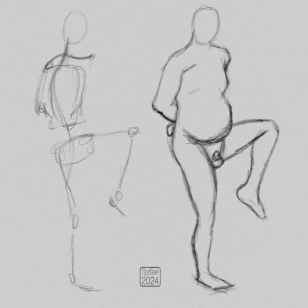Two digital pencil drawings of the same nude figure. To the left is the 30 second gesture drawing , on the right is the 5 minute sketch based off the gesture drawing