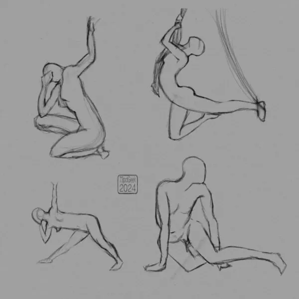 Digital gesture sketches of four nude figures in various poses.