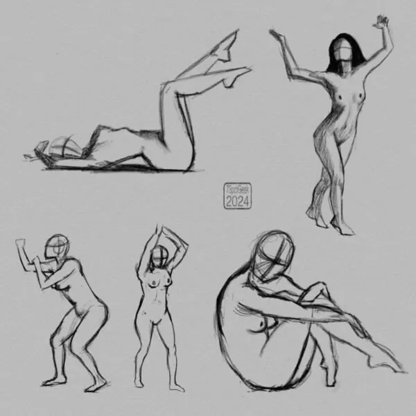 Digital gesture sketches of four nude figures in various poses.