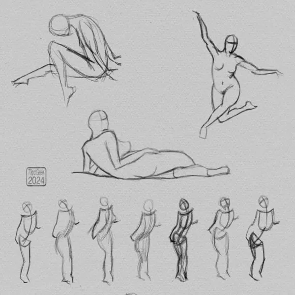 Digital gesture sketches of three nude figures in various poses, above seven smaller sketchy gesture drawings of stick figures. 