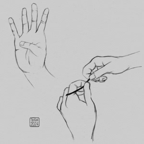 Digital pencil sketches of hands in two different poses