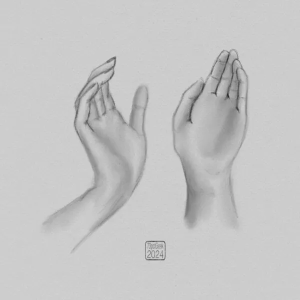 Digital pencil sketch of a pair of hands, palms facing towards viewer.