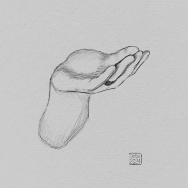 Digital pencil sketch of a hand, slightly cupped, palm up. 