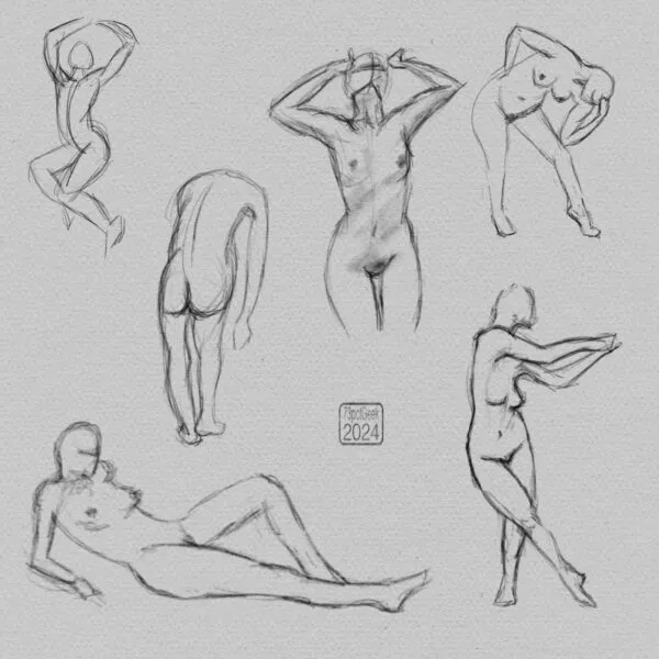 Digital gesture sketches of six different nude figures in various poses.