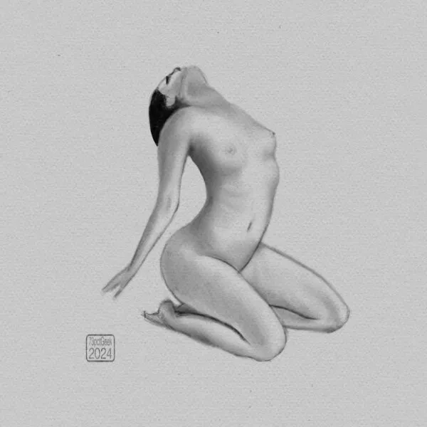 Digital sketch of a naked woman kneeling and bending backwards, her face pointing upwards.