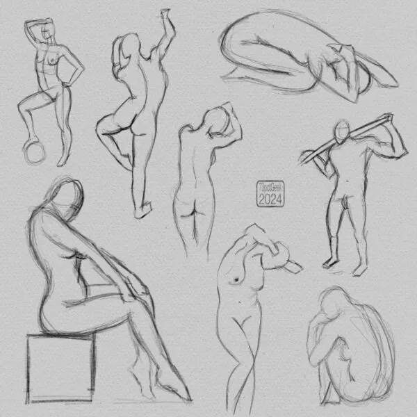 Digital gesture sketches of eight different nude figures in various poses.