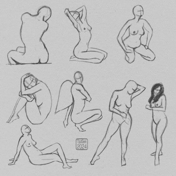 Digital gesture sketches of eight different nude figures in various poses.