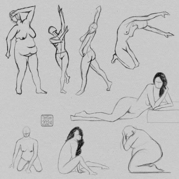 Digital gesture sketches of eight different nude figures in various poses.