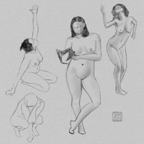 Digital gesture sketches of four different nude figures in various poses.