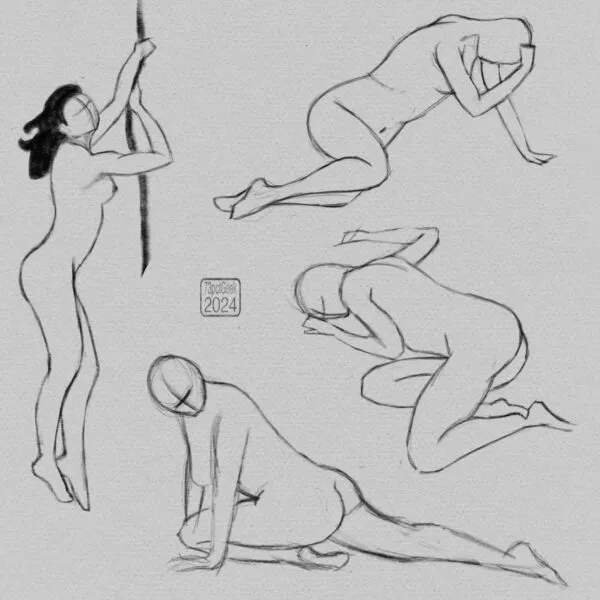 Digital gesture sketches of four different nude figures in various poses.