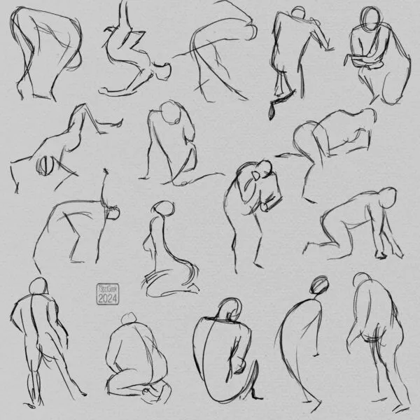 Digital, very sketchy, gesture drawings of seventeen different nude figures in various poses.