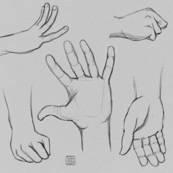 Digital pencil sketches of a single hand in five different poses. 