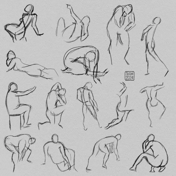 Digital gesture drawings of fifteen different nude figures in various poses.