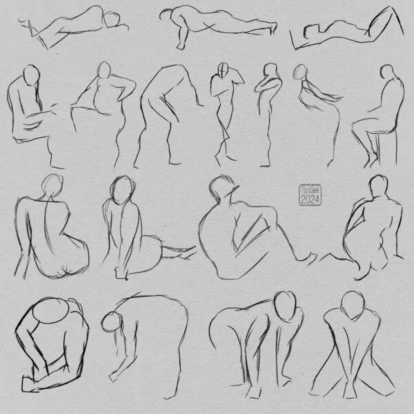 Digital gesture drawings of eighteen different nude figures in various poses.
