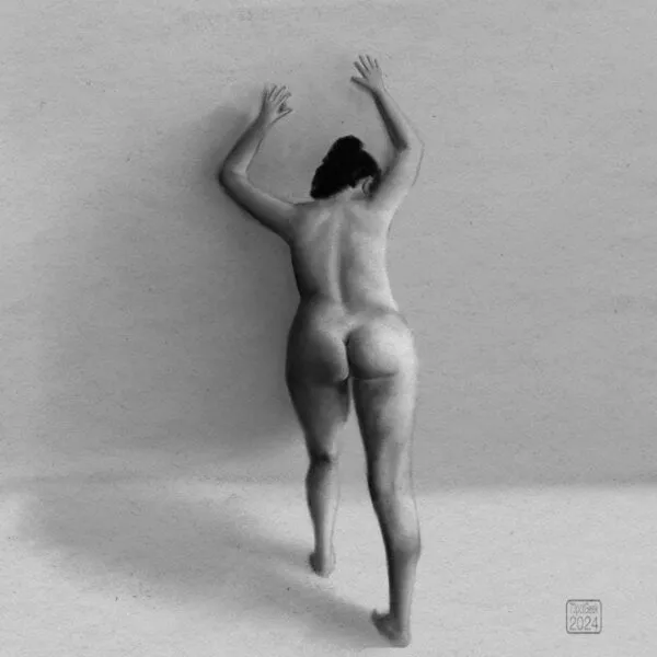 Digital black and white graphite sketch of a nude woman facing away from the viewer and leaning, palms pressed, against a wall. Her left leg is slightly bent and closer to the wall, her right leg is fully extended and closer to the viewer. 