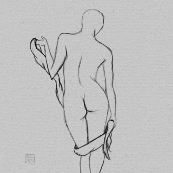 Digital sketch of a nude female figure standing contrapposto, facing away from the viewer.