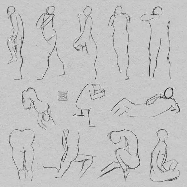 Digital gesture drawings of twelve different nude figures in various poses.