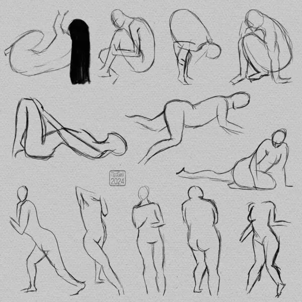 Digital gesture drawings of twelve different nude figures in various poses.