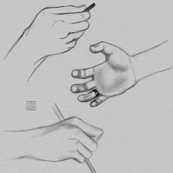 Digital pencil sketches of a single hand in three different poses. 