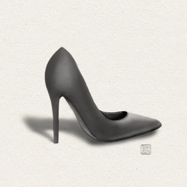 Digital black and white pencil drawing of a high heeled shoe seen from behind and set at a slight angle to the viewer.