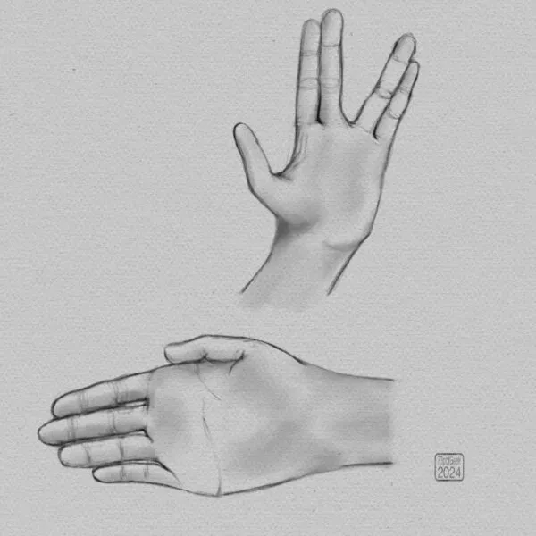 Digital pencil sketches of a single hand in two different poses. 
