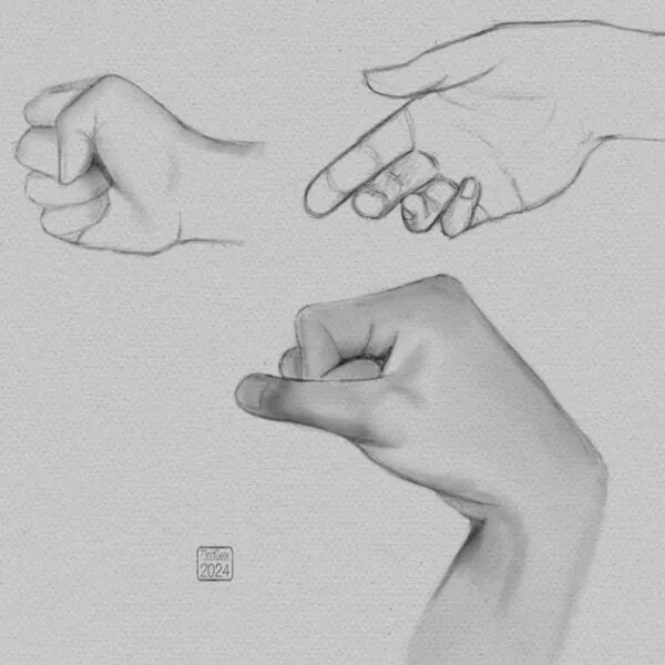 Digital pencil sketches of a single hand in three different poses. 