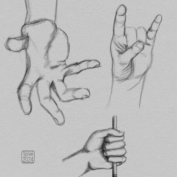 Digital pencil sketches of a single hand in three different poses. 