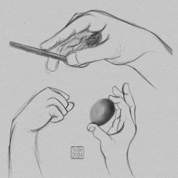 Digital pencil sketches of a single hand in three different poses.