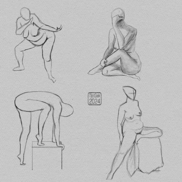 Digital gesture drawings of four different nude figures in various poses.