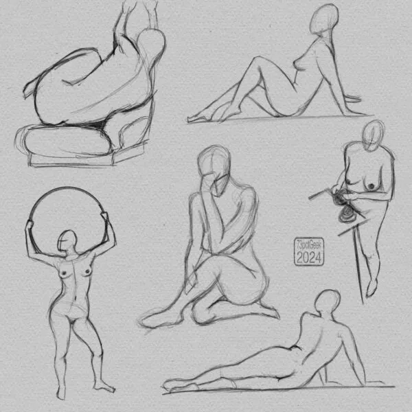 Digital gesture drawings of six different nude figures in various poses.