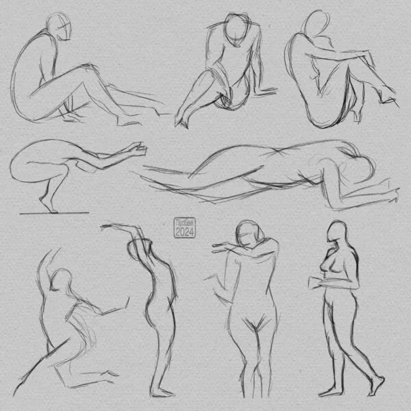 Digital gesture drawings of nine different nude figures in various poses.