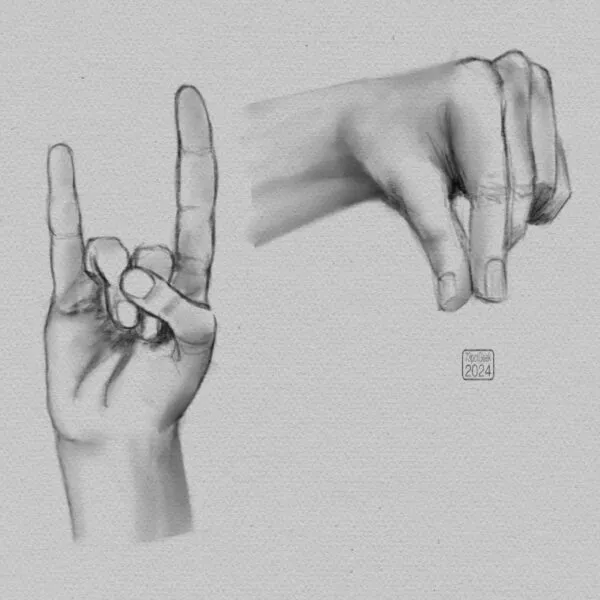 Digital pencil sketches of a hand in two different poses.