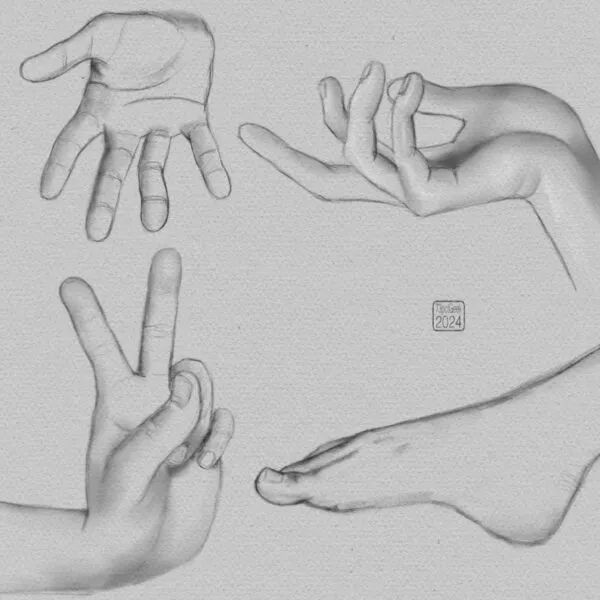 Digital pencil sketches of three different hands and a foot in various poses.