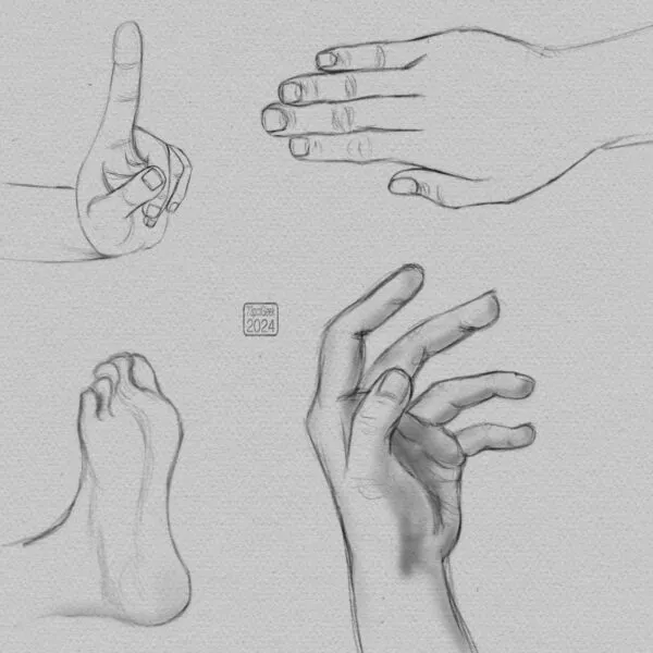 Digital pencil sketches of three different hands and a foot in various poses.