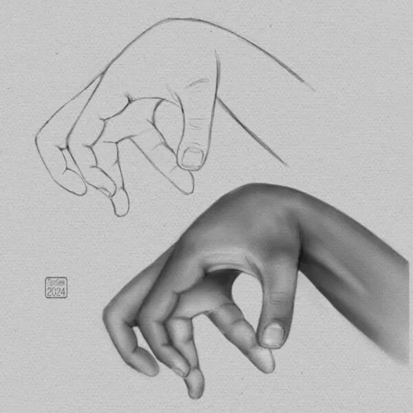 Digital pencil sketches of two versions of a hand. Above is a rough outline sketch and below is the same drawing with shading.