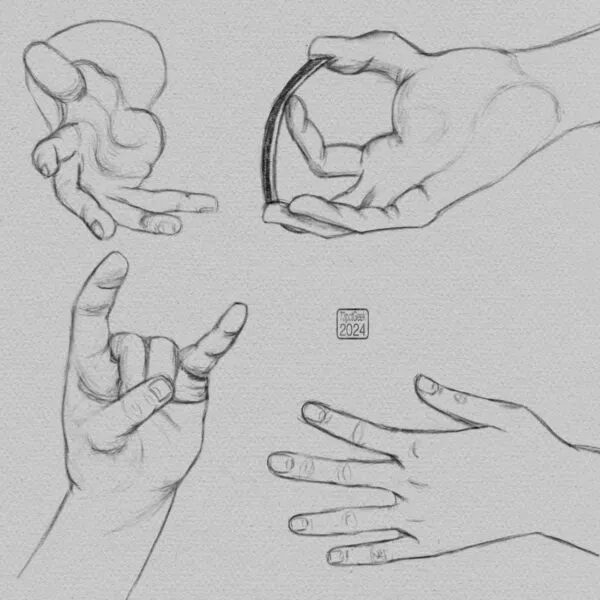 Digital pencil sketches of a hand in four different poses.