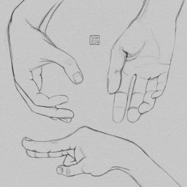 Digital pencil sketches of a hand in three different poses.